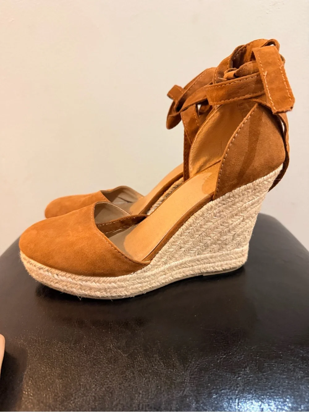 Brash Cognac Suede Espadrille Wedge Sandals with Ankle Wrap